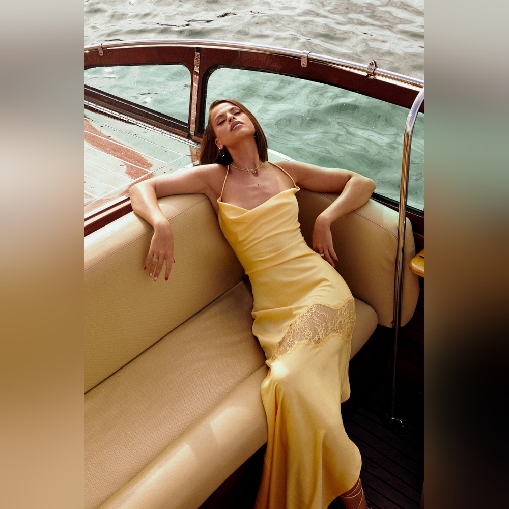 Meshki - Chandra Lace Detail Satin Maxi Dress - Lemon - XS